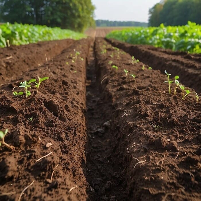 Surcos de tierra con plántulas jóvenes en un campo de cultivo
